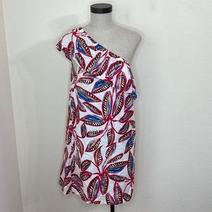 J Crew One Shoulder Dress White Pink Tropical Leaf Print Small